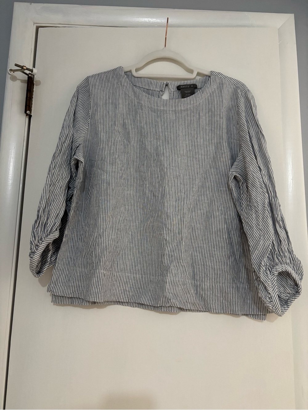Matty M Blue and White Striped Linen-Blend Crewneck Blouse